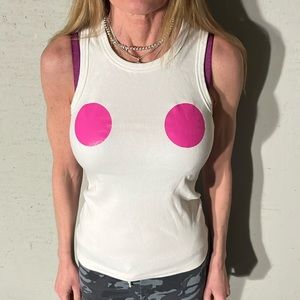 Mowalola fitted tank, size XS. No visible signs of wear. White w/ hot pink dots.